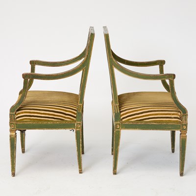 Lot 554 - Pair of Italian Parcel-Gilt Green Painted Armchairs