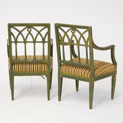 Lot 554 - Pair of Italian Parcel-Gilt Green Painted Armchairs