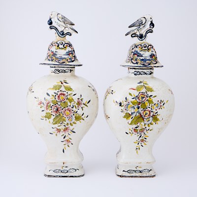 Lot 223 - Pair of Tin-Glazed Earthenware Covered Vases