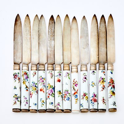 Lot 79 - Set of Twelve Victorian Sterling Silver Porcelain Handle Fruit Knives