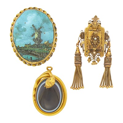 Lot 1193 - Group of Antique Gold, Silver-Gilt, Bull's Eye Agate and Seed Pearl Brooches