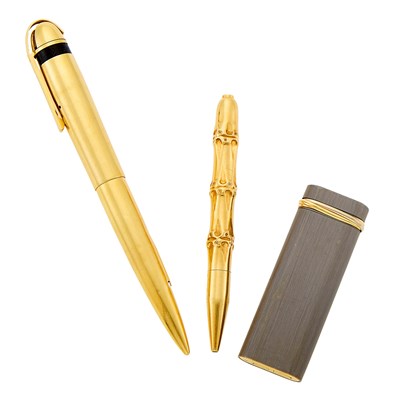 Lot 1285 - Two Gold Pens and Cartier Tricolor Gold and Stainless Steel Lighter