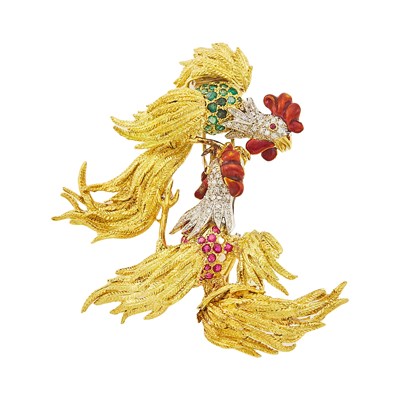 Lot 1053 - Spritzer & Fuhrmann Two-Color Gold, Enamel, Gem-Set and Diamond Fighting Rooster Clip-Brooch