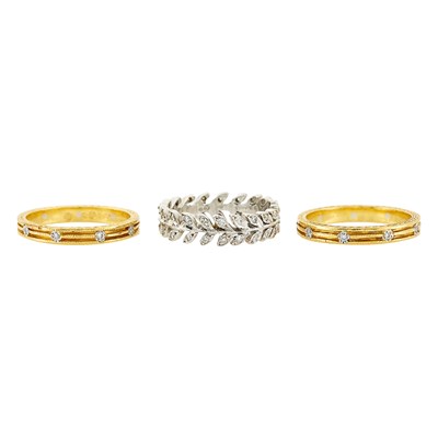 Lot 1263 - Cathy Waterman Three Yellow and White Gold and Diamond Band Rings