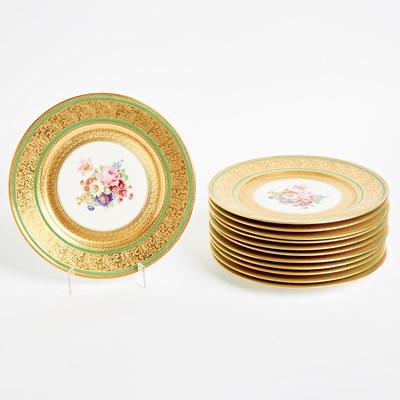 Lot 234 - Twelve Limoges (Latrille Frères) Porcelain Green-Banded Gold-Ground Service Plates