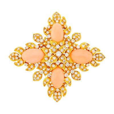 Lot 203 - Gold, Angel Skin Coral and Diamond Maltese Cross Pendant-Clip Brooch