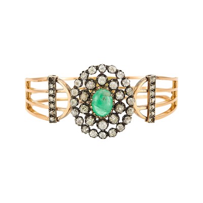 Lot 1200 - Gold, Silver, Cabochon Emerald and Diamond Bangle Bracelet, France