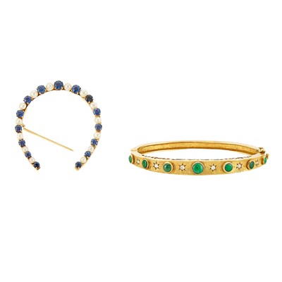 Lot 1104 - Gold, Jade and Diamond Bangle Bracelet and Sapphire and Cultured Pearl Horseshoe Brooch