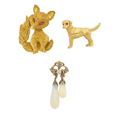 Lot 1114 - Two Gold and Ruby Animal Brooches and Gold, White Opal and Diamond Pendant