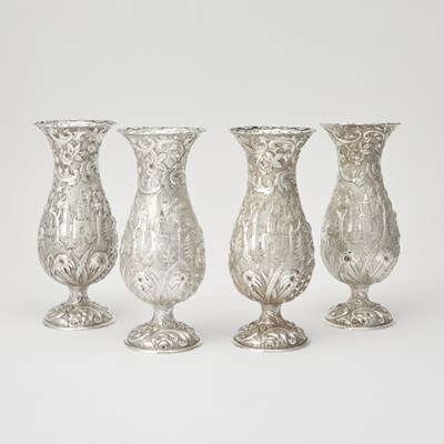 Lot 272 - Set of Four Loring Andrews Sterling Silver "Architectural" Pattern Vases