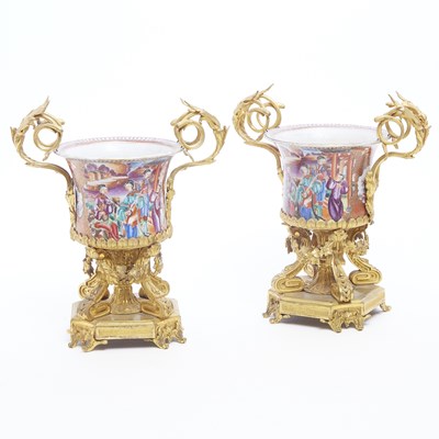 Lot 135 - Pair of Gilt-Bronze and Chinese Porcelain Handled Urns