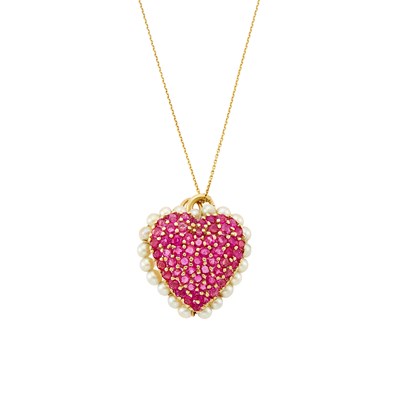 Lot 2368 - Gold, Ruby and Pearl Heart Pendant with Chain