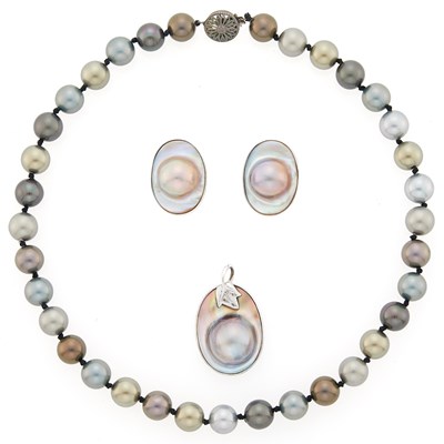 Lot 2443 - Multicolored Tahitian Cultured Pearl Necklace with Silver Clasp, Pair of Silver and Gray Blister Pearl Earrings and Pendant