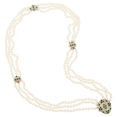 Lot 2332 - Long Triple Strand Cultured Pearl, Gold, Emerald and Diamond Necklace/Bracelet Combination