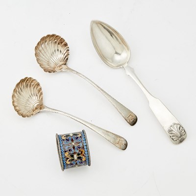 Lot 642 - Pair of George III Sterling Silver Ladles, Russian Silver and Plique a Jour Enamel Napkin Ring and Russian Tablespoon