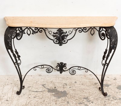 Lot 10 - Wrought Iron Marble Top Demilune Console