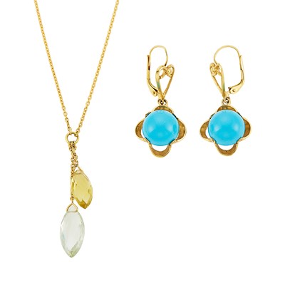 Lot 1100 - Gold and Gem-Set Pendant-Necklace and Pair of Pendant-Earrings