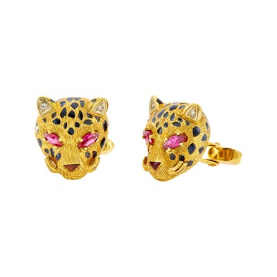 Lot 1088 - Pair of Two-Color Gold, Black Enamel, Synthetic Ruby and Diamond Leopard Head Cufflinks