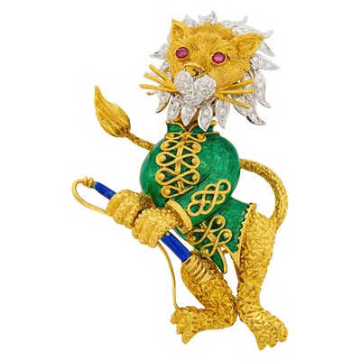 Lot 90 - Two-Color Gold, Enamel, Ruby and Diamond Lion Tamer Clip-Brooch