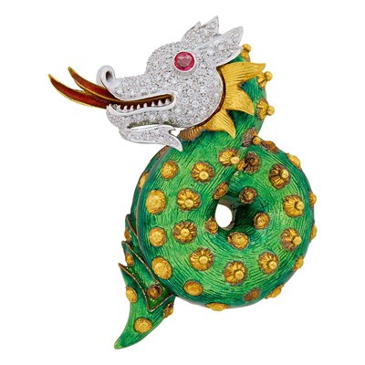 Lot 104 - Two-Color Gold, Enamel, Diamond and Ruby Dragon Clip-Brooch