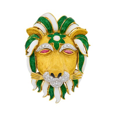 Lot 102 - Two-Color Gold, Enamel, Diamond and Ruby Lion Head Clip-Brooch