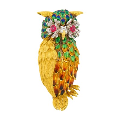 Lot 111 - Two-Color Gold, Enamel, Diamond and Ruby Owl Clip-Brooch