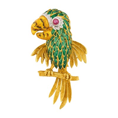 Lot 1146 - Two-Color Gold, Enamel, Ruby and Diamond Parrot Clip-Brooch