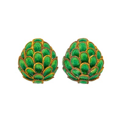 Lot 103 - Pair of Gold and Green Enamel Bombé Earclips