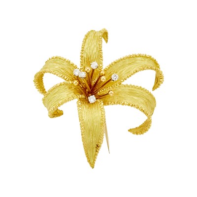 Lot 1100 - Gold and Diamond Lily Flower Clip-Brooch, France