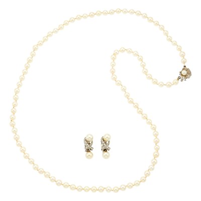 Lot 1180 - Long Cultured Pearl Necklace with White Gold and Cultured Pearl Clasp and Pair of Cultured Pearl and Diamond Earclips