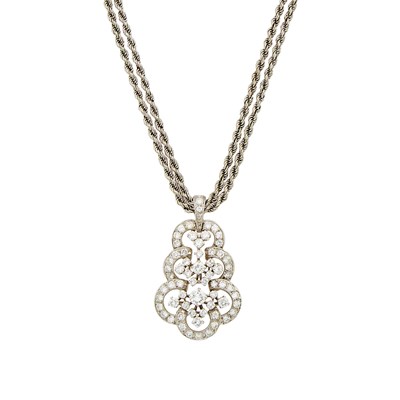 Lot 1218 - Platinum and Diamond Pendant with Long White Gold Rope Chain Necklace