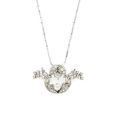 Lot 1207 - Platinum and Diamond Pendant-Brooch with White Gold Chain Necklace