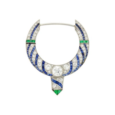 Lot 132 - Platinum, Diamond, Sapphire and Emerald Brooch