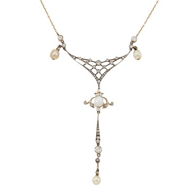 Lot 2219 - Edwardian Platinum, Gold, Pearl and Diamond Lavaliere Necklace