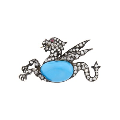 Lot 2189 - Antique Silver, Blue Hardstone and Diamond Dragon Brooch