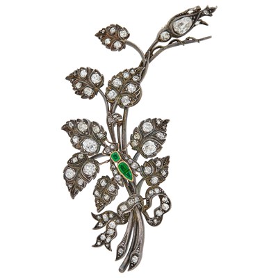 Lot 2212 - Antique Silver, Gold, Diamond and Emerald Floral Brooch, France