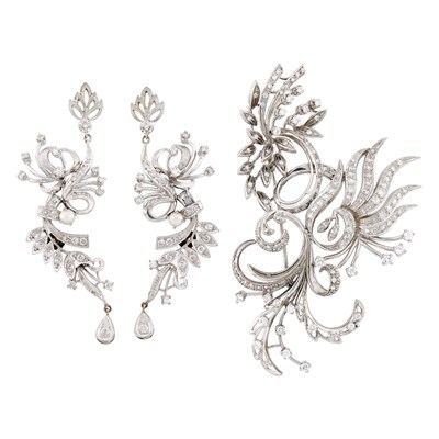 Lot 2273 - Pair of White Gold, Diamond and Pearl Pendant-Earrings and Brooch