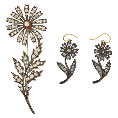 Lot 2224 - Silver and Diamond Flower Brooch and Pair of Pendant-Earrings