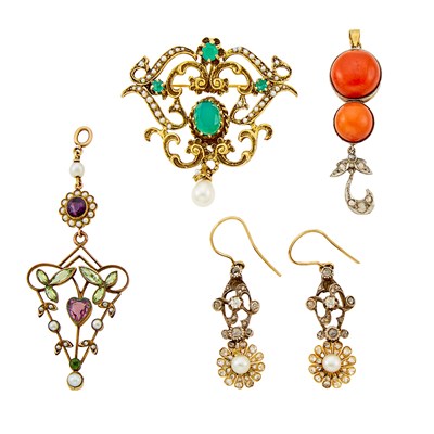 Lot 2425 - Pair of Gold, Silver, Pearl and Diamond Pendant-Earrings, Coral Pendant, Gem-Set Pendant and Chrysoprase Brooch