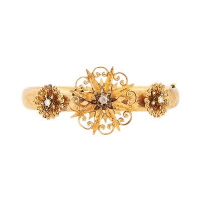 Lot 2231 - Gold, Pearl and Diamond Bangle Bracelet