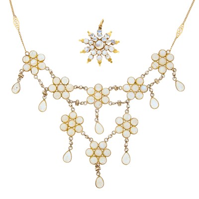 Lot 2424 - Gold, Silver, Moonstone and Diamond Necklace and Pendant