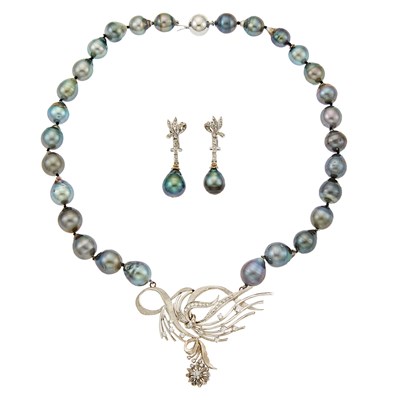 Lot 2272 - Semi-Baroque Gray Tahitian Cultured Pearl, White Gold and Diamond Necklace and Pair of Pendant-Earrings