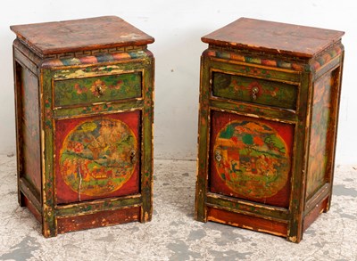 Lot 55 - Pair of Tibetan Painted Bedside Cabinets