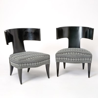 Lot Pair of Donghia Upholstered Dark Stained Wood Klismos Chairs