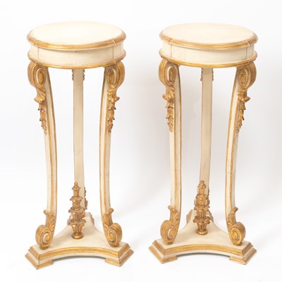 Lot 381 - Pair of Louis XVI Style Parcel Gilt and Painted Pedestals