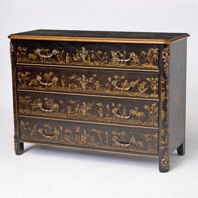 Lot 255 - Baker Black Lacquer and Gilt Chinoiserie Decorated Chest of Drawers