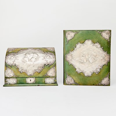 Lot 354 - Edwardian Sterling Silver Mounted Green Leather Desk Paper Box and Portfolio