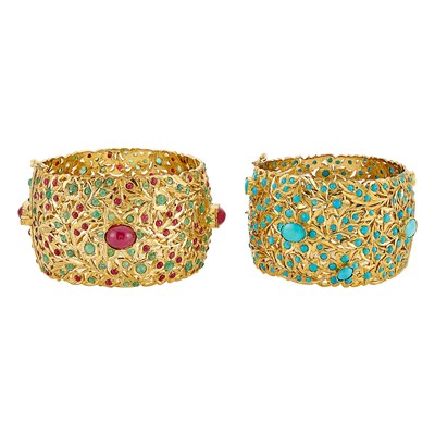 Lot 1112 - Two Wide Indian Silver-Gilt, Turquoise and Gem-Set Cuff Bracelets