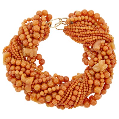 Lot 1043 - Multistrand Orange Carved Jade Bead Necklace with Gold Clasp