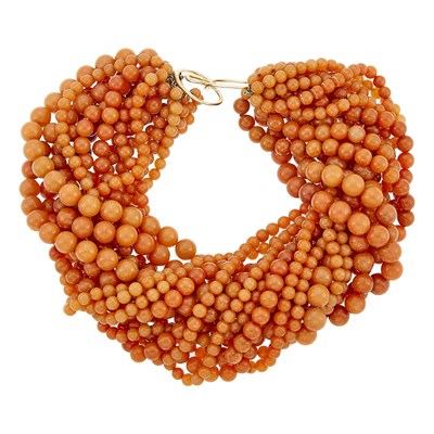 Lot 1330 - Multistrand Orange Jade Bead Necklace with Gold Clasp